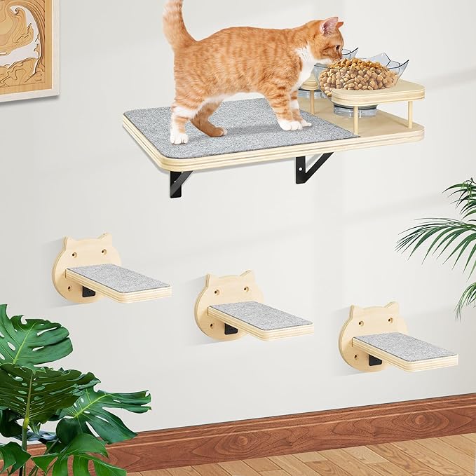 Cat Wall Shelves, Cat Shelves and Perches for Wall, Cat Shelves Wall Mount, Cat Wall Furniture with 3 Cat Wall Steps, Cat Climbing Shelf Cat Scratch Post, Cat Wall Shelf with 2 Cat Food Shelf