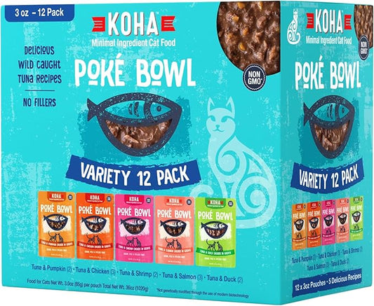 KOHA Pet Food Poké Bowl Cat Variety Pack, Wet Cat Food in Gravy - 5 Flavors - Tuna Combinations of Salmon, Chicken, Duck, Shrimp, and More - 3 oz Pouches, Pack of 12