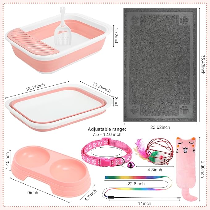 2 Set 14 Pcs Cat Kitten Starter Kit Foldable Cat Litter Box with Shovel Small Litter Pan Collapsible Cat Toilet Paw Litter Mat Cat Collars Cat Bowls Cat Toys Teaser Stick for Beginner(Pink)