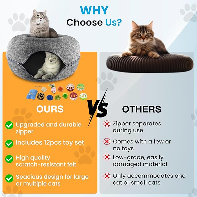 Cat Tunnel Bed – Large Cat Donut Tunnel with 12-Pcs Cat Toy Set – Soft Felt Cat Caves for Indoor Cats with Upgraded Zipper – Scratch-Resistant Cat Cave Bed – Comfortable Peekaboo Cat Cave