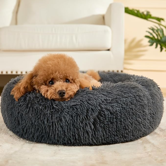 Dog Bed Calming Dog Beds for Small Medium Large Dogs - Round Donut Washable Puppy Dog Bed, Anti-Slip Faux Fur Fluffy Donut Cuddle Anxiety Cat Pet Bed(24" Dark Grey)