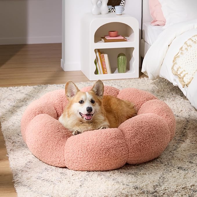 Lesure Calming Large Dog Bed - Flower Donut Round Fluffy Puppy Bed in Plush Teddy Sherpa, Non-Slip Cute Flower Dog Beds, Large Pet Bed Fits up to 100 lbs, Machine Washable, Pink 36"