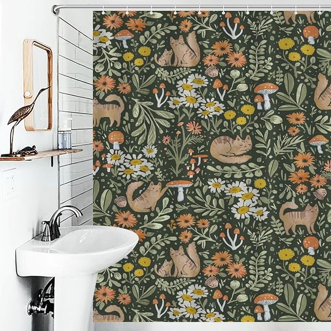 Cartoon Cute Forest Shower Curtains, Fairy Tale Mushroom Cat Flower Floral Leaf Green Pattern Decor Print Bath Drapes Set with Hooks, Waterproof Fabric Windows Treatment for Bathroom, 66x72in