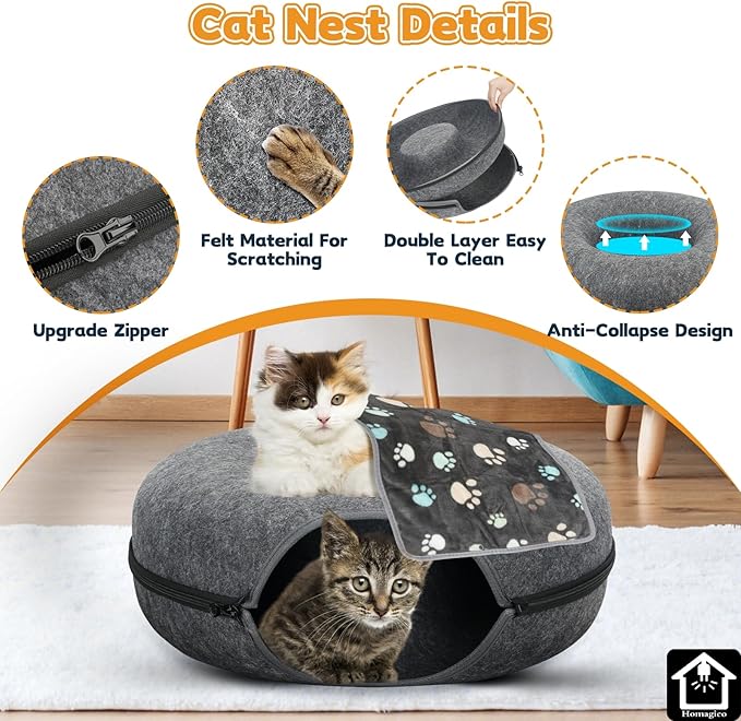 Medium 20 Inch,Cat Tunnel Bed,HOMAGICO Peekaboo Cat Cave with Pet Blanket,Detachable Donut Tunnel Bed for Indoor Cats,Exercise Scratching & Hideway Cat Nest,Cat Up to 8 lbs(Dark Grey)