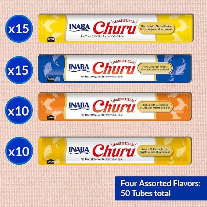 INABA Churu Cat Treats, Grain-Free, Lickable, Squeezable Creamy Purée Cat Treat/Topper with Vitamin E & Taurine, 0.5 Ounces Each Tube, 50 Tubes, Chicken & Seafood Variety