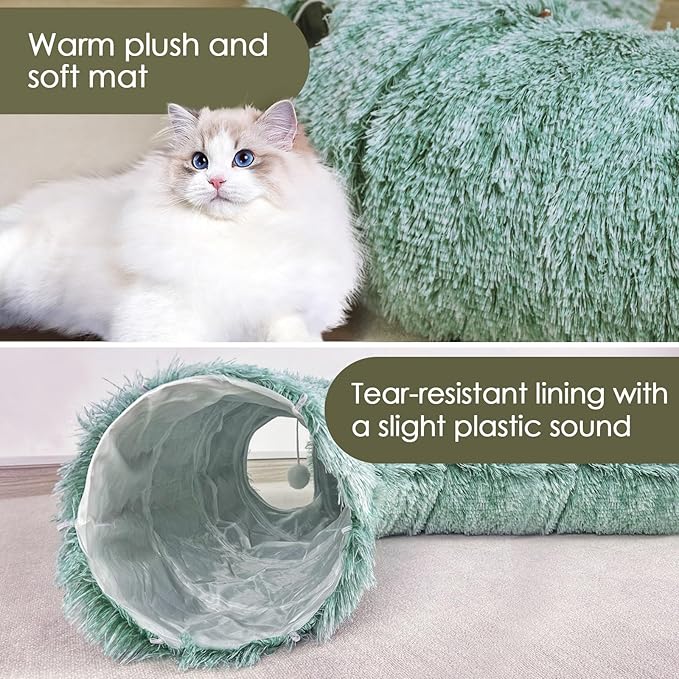 Cat Tunnel Bed for Indoor Cats, Catasaurus Peekaboo Cat Cave with Washable Soft Play Mat, Furry Cat Tube, for Kitten/Puppy/Rabbit, Green