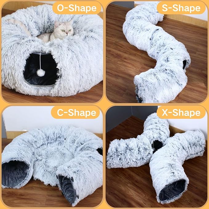 Cat Tunnel Bed Under Christmas Tree, Cat Tunnels for Indoor Cats, Collapsible Cat Donut Tunnel Cave for Medium & Large Cat, Ring Round Circular Cat Tunnel, Multiple Shape Combinations(O-S-X), Gray