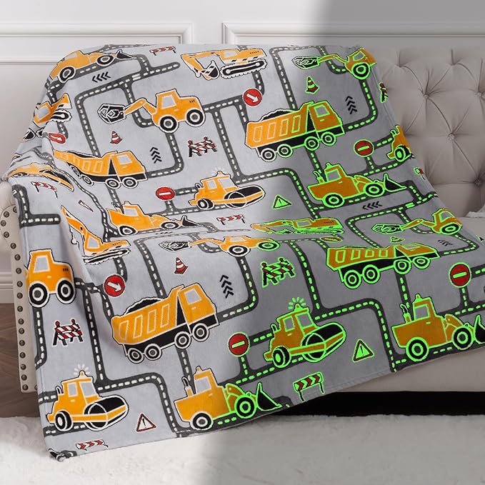 Construction Truck Toys Gifts for Boys - Glow in The Dark Excavator Blanket Birthday Valentines Easter Christmas Decor Presents for Kids Age 1-14 Years Old Teens Child Toddler Son Soft Throw 50"x60"