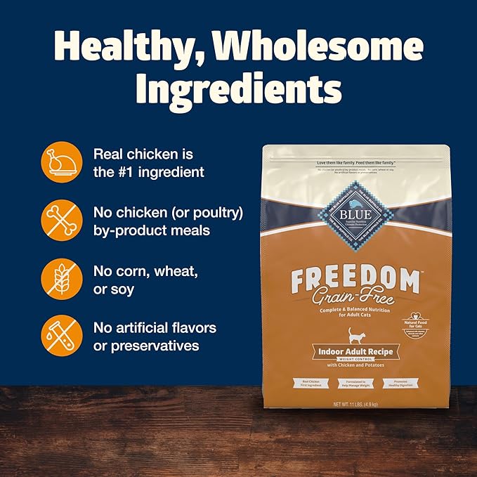 Blue Buffalo Freedom Grain-Free Adult Weight Control Dry Cat Food, Complete & Balanced Nutrition for Indoor Cats, Chicken Recipe, 11-lb. Bag