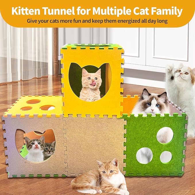 16 Pcs DIY Cat Play Tunnel, Foldable Cat Hideaway Cave Felt Cat Tunnel, Soft Felt Pet Kitten Play Tubes and Tunnels with Interactive Peek Hole, Cat Tunnel Bed for Indoor Cats