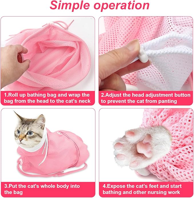Cat Bathing Bag, Breathable Mesh Cat Shower Bag Anti Scratch Adjustable Cat Grooming Bag for Nail Trimming, Bathing Polyester Soft Cat Washing Bag (White-Pink)