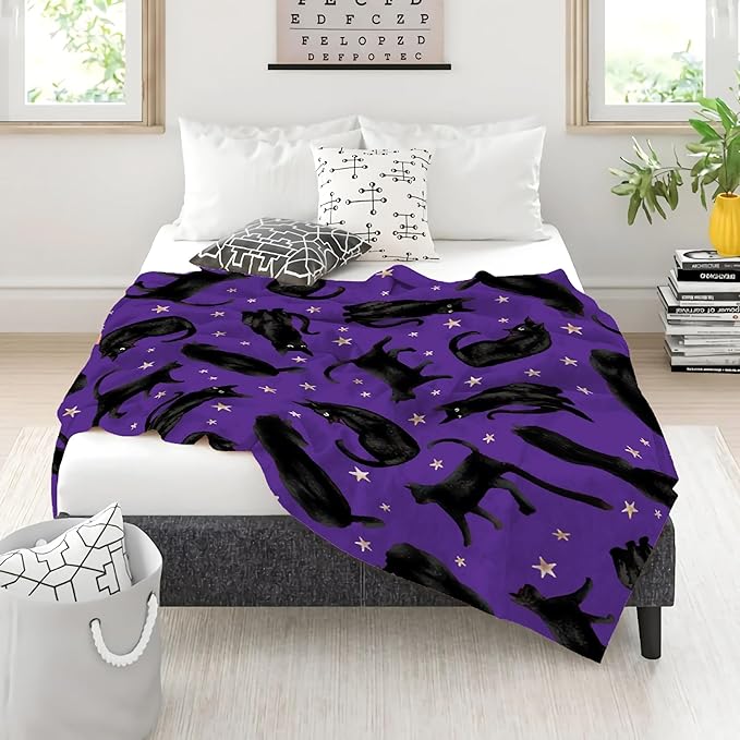 Khumbhira Cute Black Cats Blanket Gifts for Cat Lovers Girl, Stars Plush Moon Halloween Throw Blanket for Women Lightweight Flannel Fleece Christmas Bedding for Bed Couch Chair for Adults 80x60In