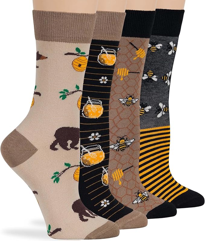 7BIGSTARS KINGDOM Womens Fun Cotton Crew Socks - 4 Pack L/M - Cactus Space Desert Coffee Fox Dog Hedgehog Puppy Flower Bird