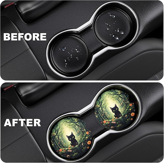 2 Pack Car Cup Holder Coaster, 2.63 inch Anti Slip Insert Absorbent Ceramic Car Coaster with Cork Base and Finger Notch, Cute Car Accessories Interior for Women, Cute Car Coasters., CH0025