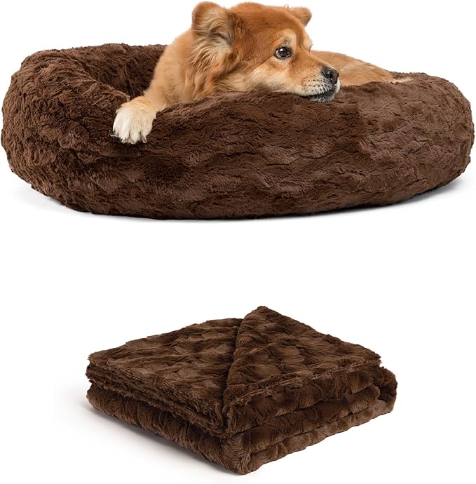 Best Friends by Sheri Bundle Set The Original Calming Lux Donut Cuddler Cat and Dog Bed + Pet Throw Blanket Dark Chocolate Medium 30" x 30"