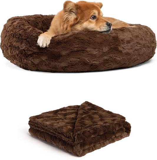 Best Friends by Sheri Bundle Set The Original Calming Lux Donut Cuddler Cat and Dog Bed + Pet Throw Blanket Dark Chocolate Medium 30" x 30"