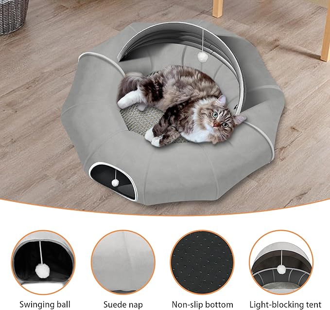 Large Cat Tunnel Bed, Cat Tent with Ball Toy, Cat Tunnel with Washable Central Mat, Detachable Straight Tunnel, Multifunctional Cat Toys for Indoor Cats (Cat Tunnel with Cool mat)