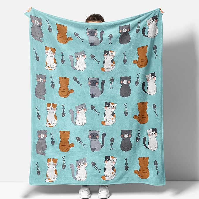 Cat Blanket Gifts for Women Girls Mom Mother's Day Birthday Christmas Valentine Present Kawaii Kitten Fishbone Theme Decor Bedroom Living Room Sofa Couch Soft Cozy Plush Kids Adults Teen Throw 60"x50"