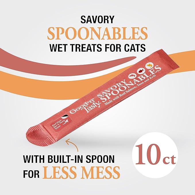 Good ‘n’ Tasty Savory Spoonables with Real Salmon, Tuna & Krill, 10 Count Tube, Triple Flavor Squeezable Lickable Wet Treats for Cats with Built-in Spoon for Less Mess