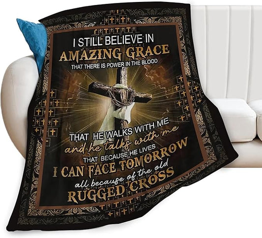Retro Christian Cross Blanket Amazing Grace Throw Blanket Religious Decor Stuff Merch Cozy Flannel Fleece Soft Plush Fuzzy Warm Lightweight Bedding Christian Gifts for Women Men Girls Kids 50"X40"
