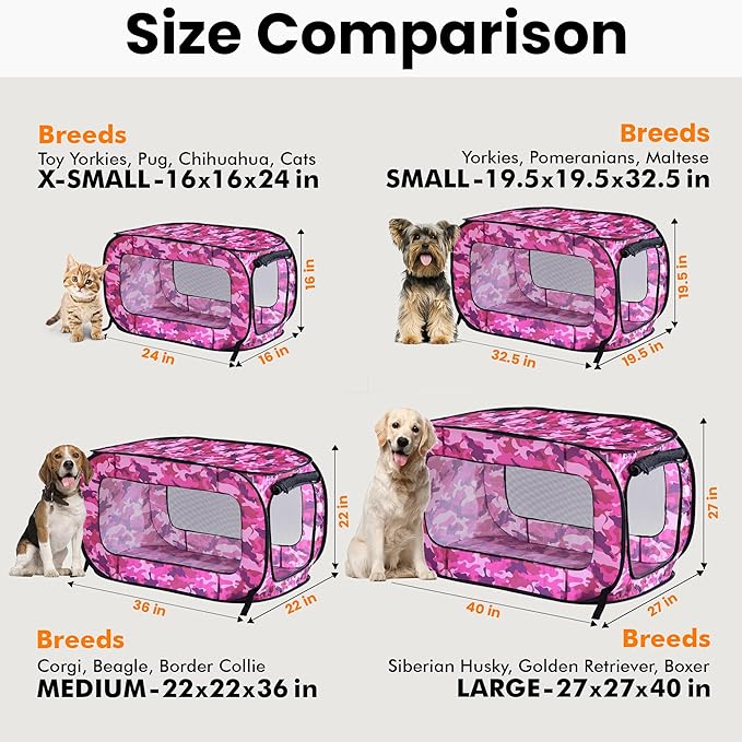 Beatrice Home Fashions Portable, Collapsible, Pop Up Kennel Travel Cat and Dog Crate, 24" L x 16.6" W x 16" H, Camo Pink