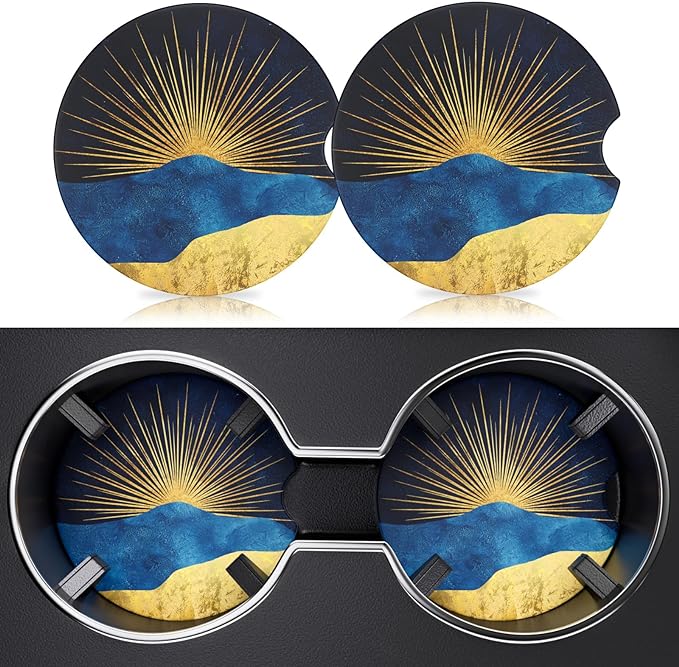 2 Pack Car Cup Holder Coaster, 2.63 inch Anti Slip Insert Absorbent Ceramic Car Coaster with Cork Base and Finger Notch, Cute Car Accessories Interior for Women, Cute Car Coasters., Rays