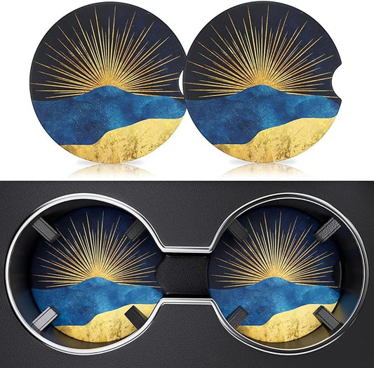 2 Pack Car Cup Holder Coaster, 2.63 inch Anti Slip Insert Absorbent Ceramic Car Coaster with Cork Base and Finger Notch, Cute Car Accessories Interior for Women, Cute Car Coasters., Rays