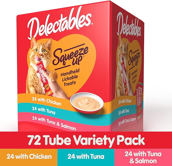 Delectables Squeeze Up Variety Pack, Creamy Squeezable Puree, Lickable Wet Cat Treats, Grain Free, No Added Fillers, No by-Products, No Added Preservatives, 0.5 Ounces Tube, 72 Tubes Total