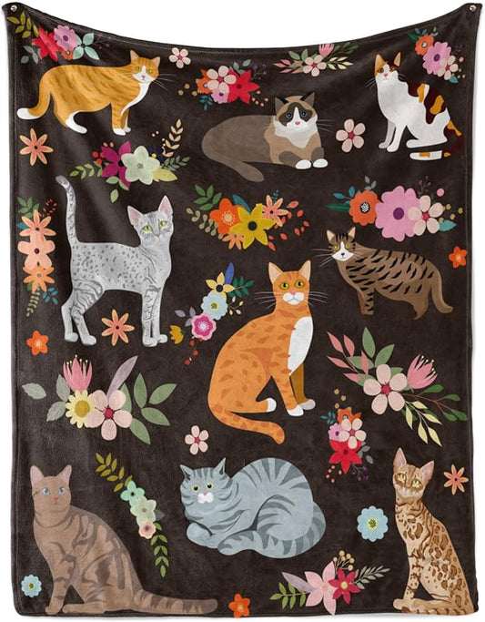 Cats Blanket Cat Present Soft Flannel Lightweight Cats and Flowers Throw Blanket for Kids Girls Boys All Season Cartoon Animals Blankets for Sofa Couch Bed Decorative Cat Blue Blanket 50x60inch