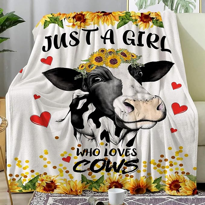 Cow Balnket Sunflower Cow Soft Cozy Flannel Throw Blanket Just a Girl Who Loves Cow Blankets Gifts for Women Kids Adults Teen 60"X 50"