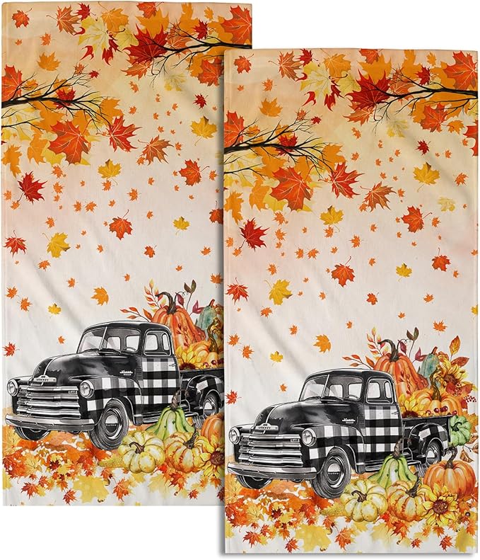 Giwawa Fall Plaid Truck Hand Towels Set of 2 Pumpkin Harvest Decorative Fingertip Towels Soft Face Towel for Bathroom Home Hotel Kitchen Decor