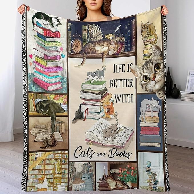 Read Blanket Cat Gifts for Reader Girls Boys Woman Kids Cat Lover Reading Book Throw Blankets Soft Blanket Warm Fleece Flannel Plush Blankets for Bed Sofa Couch 50"x60"