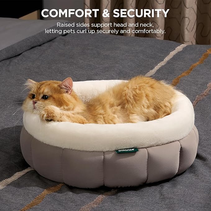 BALANCE Round Cat Beds for Indoor Cats - Donut Dog Bed for Medium Dogs, Washable Medium Pet Bed, Round Fluffy Plush Faux Fur Cat Bed with Anti-Slip Bottom