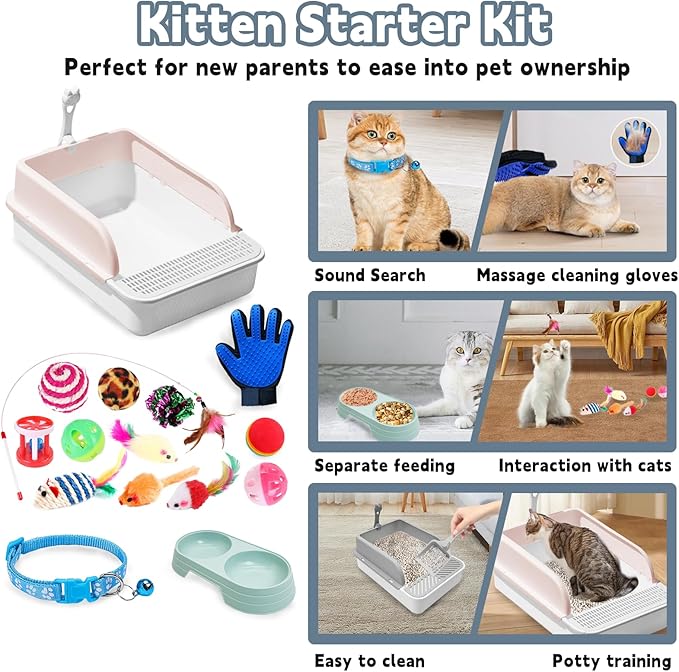 BNOSDM Sifting Litter Box Open Cat Litter Box with High Sides Detachable Kitten Toilet Semi-Enclosed Litter Tray Pan with 16 Piece Kitten Starter Kit for Small Cat Kitty, Grey