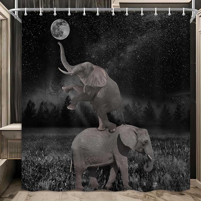 Boziqr Funny Shower Curtains for Bathroom, Cute Elephant Moon Forest Bath Curtain, Rustic Farmhouse Decor Polyester Fabric Fun Cool Animals Black 70 x 84 Inches