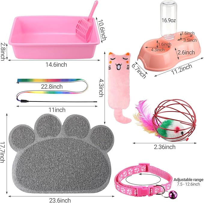 7 Pcs Small Cat Kitten Starter Kit Cat Litter Box with Shovel Cat Paw Litter Mat Double Automatic Cat Bowls Cat Toy Teaser Stick Cat Collar Small Cat Essentials Kits for 1-3 Lbs Beginner(Pink)