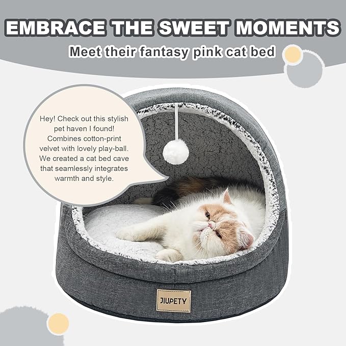 Jiupety Cute Cat Beds for Indoor Cats, Cat Cave Bed and Kitten Bed, Burrowing Cat Bed & Puppy Bed with Anti-Slip Bottom, Washable Removable Cushion, L(19"x17"x16"), Dark Gray.