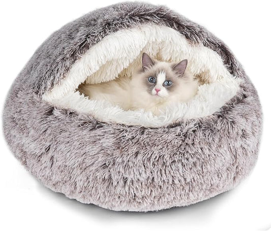 Cat Beds & Dog Bed with Cover Cave, Dog Beds for Small Dogs, Round Soft Plush Donut Calming Pet Bed for Indoor Cats or Small Dog, Washable Puppy Bed with Non-Slip Bottom-16inch