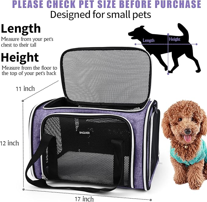 BAGLHER Pet Travel Carrier, Cat Carriers Dog Carrier for Small Medium Cats Dogs Puppies, Airline Approved Small Dog Carrier Soft Sided, Collapsible Puppy Carrier. Purple