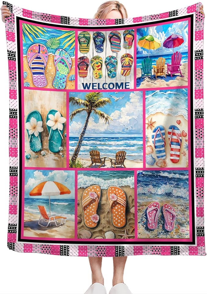 Coastal Blanket Ultra Soft Cozy Ocean Beach Palm Tree Throw Blanket Fleece Fuzzy Plush Bedding Blanket Beach Flip-Flops Decor Gifts for Women Girls Adults Couch Sofa 80"x60"