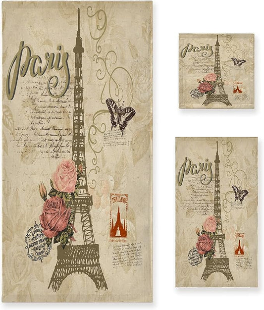 Vintage Paris Butterfly Eiffel Tower 3-Piece Bath Towel Set, Soft Absorbent Cotton, Fast Dry Home Family