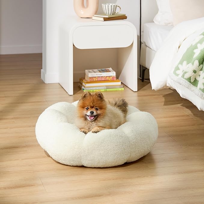 Lesure Calming Small Dog Bed - Flower Donut Round Fluffy Puppy Bed in Plush Teddy Sherpa, Non-Slip Cute Flower Cat Beds for Indoor Cats, Small Pet Bed Fits up to 25 lbs, Machine Washable, Cream 23"