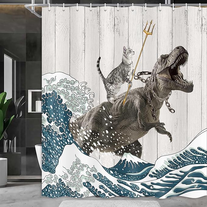 Boziqr Funny Cat Shower Curtain, Cool Cat Dinosaur Japanese Ocean Wave Decor Fabric Bathroom Curtains, Kids Children Rustic Wooden Farmhouse Long Shower Curtain, 70 X 84 Inches