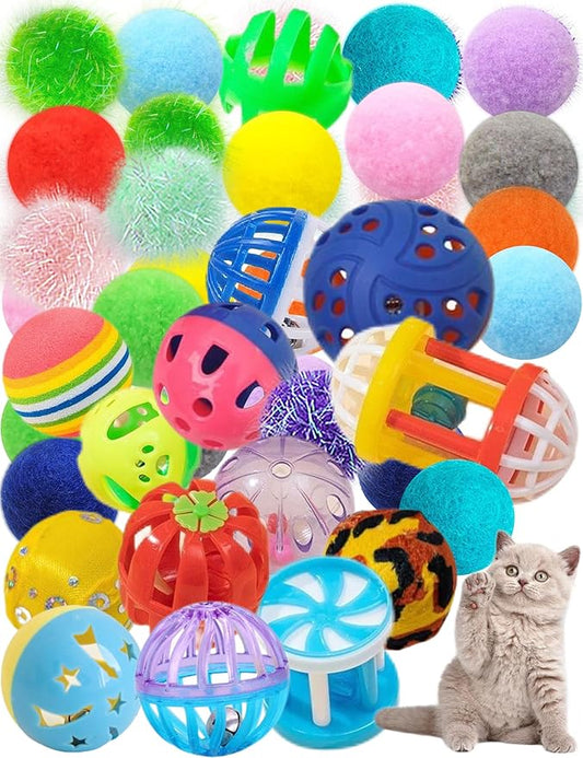 Cat Toys Pack – 40pc Set of Jingle, Reflective, and Plush Balls for Indoor Cats – Safe, Fun, and Stress-Relieving Playtime for Cats