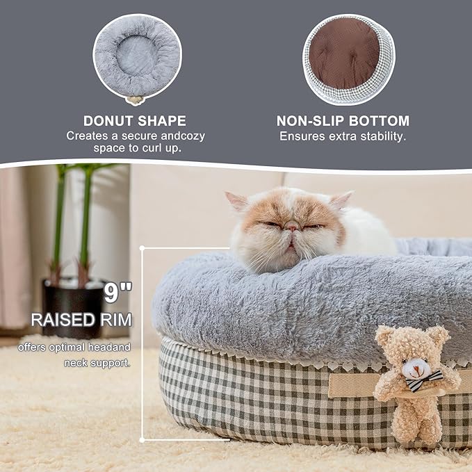 Jiupety Teddy Donut Bed for Indoor Cats, Washable & Warm Small Dog Bed, Cute Fluffy Round Kitten Bed, Suitable for Cat and Puppy, Anti-Slip Calming Princess Kitty Bed, Gray, 26"×26", Fit 25lbs