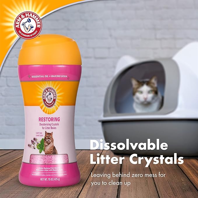 Arm & Hammer Restoring Cat Litter Box Deodorizing Crystals, Clary Sage & Mint Scent - Cat Smell Eliminator for Home, Odor Control, Cat Litter Crystals, Cat Essentials, 15 Ounce