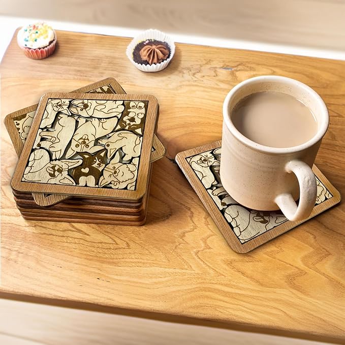 02 Corgi Dog Coaster - Corgi Dog Puzzle Wooden Coaster Set - Interlocking Jigsaw Drink Mats with Laser-Cut Design for Corgi Lovers (Corgi Dog)
