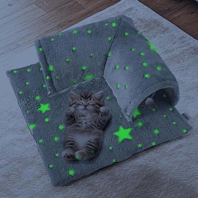 Kitten Tunnel Bed Mat, Glow in The Dark Kitten Bed for Indoor Kittens, Perfect Kitten Gift Toy with 3D Memory Foam, Detachable & Machine Washable, Non-Slip Bottom, Gray S
