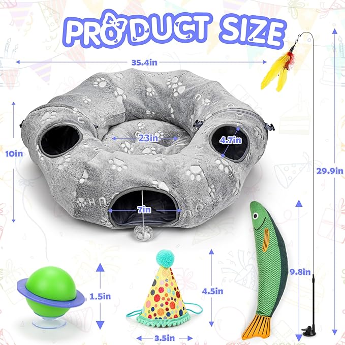 Interactive Cat Toys with Cat Tunnel Bed, Bite Resistant Catnip Toy, Feather Toys, Catnip Balls and Fish, Cat Toys for Indoor Cats, A Birthday Gift for Cats