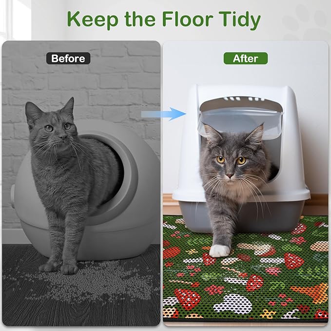Bienbee Cat Litter Mat, 30"x24" Litter Mat Double Layer Litter Trapping Mat, Reduces Tracking and Keeps Floors Clean,Jungle Mushroom L